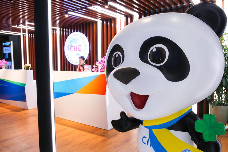 A statue of Jinbao, mascot of the first China International Import Expo (CIIE), at a reception center for the CIIE. On October 23, 2018, CIIE reception centers began operating at two airports and three railway stations in Shanghai.  VCG
